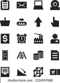 Solid Black Vector Icon Set - envelope vector, alarm clock, upward direction, archive, ladder, interroom door, index finger, operator, coins, industrial building, production conveyor, recession