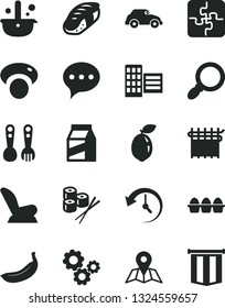 Solid Black Vector Icon Set - car child seat vector, plastic fork spoons, Puzzles, city block, speech, map, package, bundle of eggs, sushi set, banana, sour lime, mashroom, cloth industry, retro