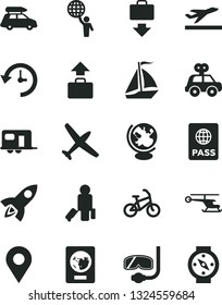 Solid Black Vector Icon Set - motor vehicle present vector, passport, location, history, globe, man hold world, rocket, helicopter, plane, car baggage, camper, sail boat, bike, passenger, getting