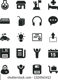 Solid Black Vector Icon Set - packing of juice with a straw vector, brick, calendar, speech, headphones, move up, electric car, kiosk, newspaper, floppy, flask, bulb, scientist, winner, man hands