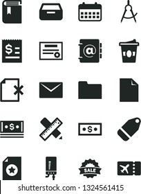 Solid Black Vector Icon Set - clean sheet of paper vector, book, writing accessories, electronic boiler, envelope, address, drawer, delete page, label, coffe to go, scribed compasses, cash, calendar