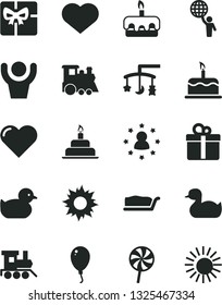 Solid Black Vector Icon Set - heart symbol vector, toys over the cradle, rubber duck, baby duckling, toy train, children's, balloon, birthday cake, gift, slice, torte, lollipop, giftbox, hands up