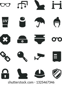 Solid Black Vector Icon Set - mark of injury vector, spectacles, toys over the cot, diaper, powder, Baby chair, car child seat, winter hat, warm, construction helmet, lock, key, umbrella, glasses