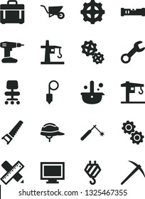 Solid Black Vector Icon Set - monitor window vector, crane, hook, building trolley, drill, hand saw, construction level, writing accessories, helmet, plummet, case, gear, gears, tower, welding