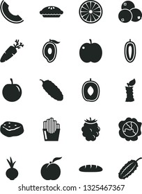 Solid Black Vector Icon Set - loaf vector, pie, piece of meat, cucumber, beet, carrot, fried potato slices, ripe peach, apple, squash, blackberry, blueberries, slice melon, half mango, tasty, orange