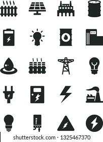 Solid Black Vector Icon Set - lightning vector, bulb, dangers, radiator, electronic boiler, charging battery, solar panel, modern gas station, factory, oil, barrel, power pole, electric plug