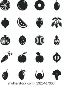 Solid Black Vector Icon Set - a pineapple vector, orange slice, peach, ripe, half pomegranate, raspberry, medlar, of, tasty, mulberry, water melon, mango, goji berry, lemon, physalis, carrot