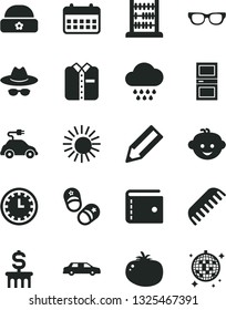 Solid Black Vector Icon Set - clock face vector, purse, hat with glasses, comb, cloud, children's hairdo, child shoes, warm, abacus, interroom door, folded shirt, tomato, electric car, pencil, sun