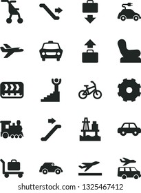 Solid Black Vector Icon Set - truck lorry vector, Baby chair, sitting stroller, motor vehicle, car, sea port, conveyor, electric, retro, winner stairway, private plane, train, bike, escalator