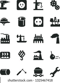 Solid Black Vector Icon Set - hook vector, cordless drill, power socket type b, helmet, core, commercial seaport, oil derrick, manufacture, factory, industrial building, gears, conveyor, tower crane