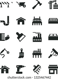 Solid Black Vector Icon Set - house vector, tower crane, building trolley, cordless drill, paint roller, wooden brush, siphon, brick, block, putty knife, spatula, road fence, hammer with claw, home