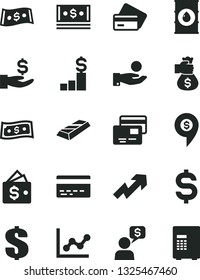 Solid Black Vector Icon Set - bank card vector, growth up, dollar, graph, cards, oil, denomination of the, get a wage, catch coin, cash, gold bar, money bag hand, pedestal, wallet, dialog, pin, safe
