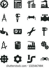 Solid Black Vector Icon Set - tower crane vector, cogwheel, gear, valve, water pipes, factory, industrial building, gears, Measuring compasses, calipers, caliper, steel production, repair, resistor