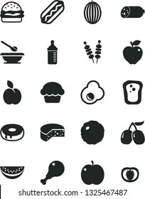 Solid Black Vector Icon Set - measuring bottle for feeding vector, plates and spoons, sausage, cheese, fried vegetables on sticks, Hot Dog, burger, cake, with a hole, chicken leg, cabbage, egg, red