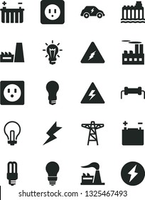 Solid Black Vector Icon Set - danger of electricity vector, incandescent lamp, bulb, power socket type b, lightning, factory, accumulator, battery, light, hydroelectricity, pole, industrial building