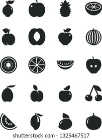 Solid Black Vector Icon Set - apple vector, cherry, peach, quince, apricot, red, tasty, water melon, slice of, mango, loquat, half, yellow lemon, kiwi, ripe pineapple, grapefruit, persimmon