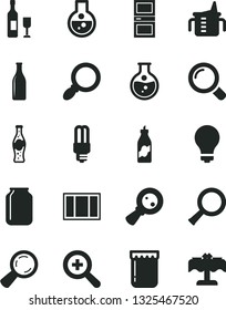 Solid Black Vector Icon Set - matte light bulb vector, zoom, measuring cup for feeding, window frame, interroom door, magnifier, bottle of soda, jam, liquor, round flask, mercury, Glass, jar, wine