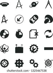 Solid Black Vector Icon Set - renewal vector, minus, tumbler, gear, left bottom arrow, timer, delete page, porcini, plate, accumulator, scribed compasses, ring diagram, atom, gears, drawing compass