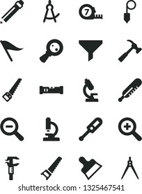 Solid Black Vector Icon Set - graphite pencil vector, zoom, out, wind direction indicator, electronic thermometer e, mercury, hand saw, arm, long meashuring tape, construction level, plummet, filter