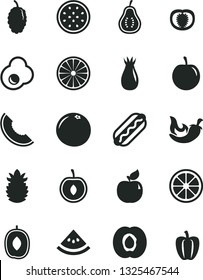 Solid Black Vector Icon Set - Hot Dog vector, chili, fried egg, half apricot, rose hip, mulberry, slice of melon, delicious plum, tasty, cherry, juicy lemon, passion fruit, orange, ripe pineapple