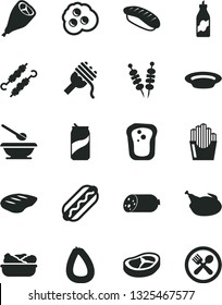 Solid Black Vector Icon Set - plates and spoons vector, sausage, stick of, fried vegetables on sticks, Hot Dog, spaghetti, lettuce in a plate, chicken, grill leg, bacon, chop, meat skewers, soda can