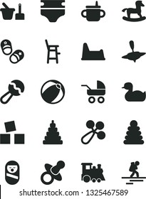 Solid Black Vector Icon Set - dummy vector, mug for feeding, diaper, beanbag, baby rattle, carriage, rubber duck, bath ball, stacking rings, toy, roly poly doll, sand set, potty chair, a child