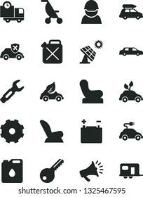 Solid Black Vector Icon Set - truck lorry vector, Baby chair, car child seat, summer stroller, key, delivery, big solar panel, accumulator, racer, canister, of oil, eco, electric, autopilot, horn