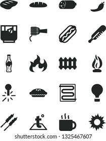 Solid Black Vector Icon Set - mercury thermometer vector, heating coil, temperature, new radiator, sausage, loaf, Hot Dog, noodles, pie, chop, barbecue, cup of tea, a glass, bottle soda, red pepper