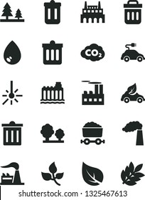 Solid Black Vector Icon Set - bin vector, dust, drop, leaves, leaf, manufacture, factory, hydroelectricity, trees, forest, industrial building, eco car, electric, carbon dyoxide, outdoor thermometer