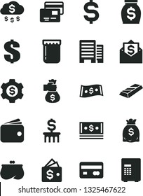 Solid Black Vector Icon Set - dollar vector, buildings, cards, jam, reverse side of a bank card, denomination the, wallet, purse, money, dollars, cash, gold bar, bag hand, rain, column, gear, mail