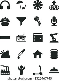 Solid Black Vector Icon Set - desktop microphone vector, purse, keyboard, minus, child Kick scooter, muffin, barrel, industrial building, assembly robot, filter, cashbox, fan, headphones, pipette