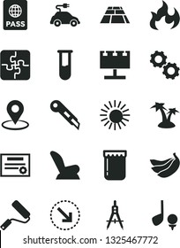 Solid Black Vector Icon Set - car child seat vector, Puzzles, new roller, stationery knife, paving slab, passport, right bottom arrow, jam, bananas, electric, Measuring compasses, geolocation, gears