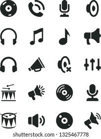 Solid Black Vector Icon Set - desktop microphone vector, horn, loudspeaker, silent mode, drumroll, drum, headphones, music, CD, volume, phone call, megaphone, note, settings