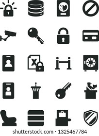 Solid Black Vector Icon Set - prohibition vector, Baby chair, lock, key, big data, strongbox, reverse side of a bank card, encrypting, airport tower, rope barrier, identity, baggage scanner, access