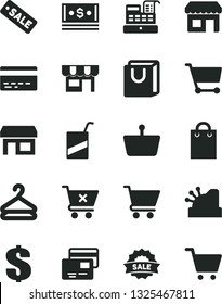 Solid Black Vector Icon Set - bank card vector, dollar, e, cart, crossed, bag with handles, cards, kiosk, hanger, stall, shopping basket, cash, machine, cashbox, season sale