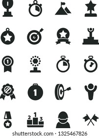 Solid Black Vector Icon Set - stopwatch vector, pedestal, racer, winner, podium, award, cup, star reward, medal, mountain flag, target, purpose, first place, with pennant, ribbon, cross flags