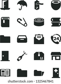 Solid Black Vector Icon Set - folder vector, book, open pin, books, door knob, ntrance, received letter, umbrella, drawer, cardboard box, 24, canned goods, half of coconut, stall, exit, champagne