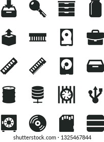 Solid Black Vector Icon Set - storage unit vector, key, CD, big data server, suitcase, put in a box, drawer, strongbox, unpacking, barrel, jar, radiator fan, memory, hdd, usb, sd card