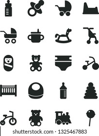 Solid Black Vector Icon Set - baby cot vector, dummy, mug for feeding, bottle, measuring, diaper, bib, stroller, carriage, sitting, stacking rings, roly poly doll, potty chair, teddy bear, small