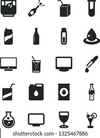 Solid Black Vector Icon Set - vector e, packing of juice with a straw, screen, glass soda, tea, can, bottle, round flask, oil, canister, drop, monitor, test tube, pipette, champagne, cocktail