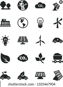 Solid Black Vector Icon Set - solar panel vector, big, leaves, leaf, windmill, wind energy, planet Earth, bulb, hydroelectric station, trees, eco car, electric, transport, CO2, carbon dyoxide, sun