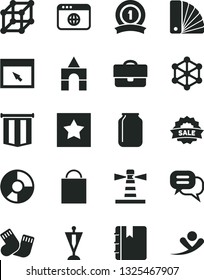 Solid Black Vector Icon Set - paper bag vector, warm socks, box of bricks, color samples, notebook, jar, lighthouse, portfolio, ring diagram, sale, browser, 3d cube, pennant, medal ribbon, star