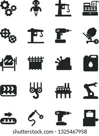 Solid Black Vector Icon Set - crane vector, winch hook, gears, concrete mixer, cordless drill, industrial enterprise, conveyor, production, canister of oil, cloth industry, tower, gas welding