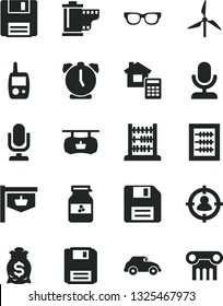 Solid Black Vector Icon Set - desktop microphone vector, floppy disk, camera roll, new abacus, toy mobile phone, estimate, alarm clock, jar of jam, windmill, retro car, vintage sign, man in sight