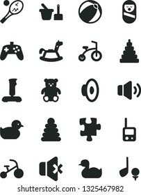 Solid Black Vector Icon Set - loudspeaker vector, rubber duck, baby duckling, bath ball, stacking rings, toy, roly poly doll, phone, sand set, small teddy bear, rocking horse, child bicycle, Puzzle