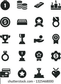 Solid Black Vector Icon Set - brick vector, cards, pedestal, coins, catch a coin, winner podium, prize, award, gold cup, star medal, first place, with pennant, ribbon, diamond ring, bar, dollar