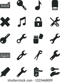 Solid Black Vector Icon Set - repair key vector, cross, small tools, adjustable wrench, door knob, lock, music, steel, text highlighter, keyboard, usb flash, note, arm with