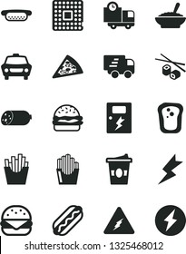 Solid Black Vector Icon Set - lightning vector, dangers, car, delivery, sausage, piece of pizza, Hot Dog, mini, big burger, a bowl buckwheat porridge, French fries, fried potato slices, coffe to go