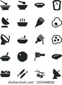 Solid Black Vector Icon Set - deep plate with a spoon vector, plates and spoons, spaghetti, noodles, bowl of buckwheat porridge, rice, hot, lettuce in, grill chicken leg, chop, meat on skewers