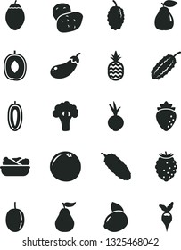 Solid Black Vector Icon Set - lettuce in a plate vector, cucumber, beet, pineapple, pear, raspberry, tasty, mulberry, delicious plum, passion fruit, sweet date, yellow lemon, tamarillo, grapefruit